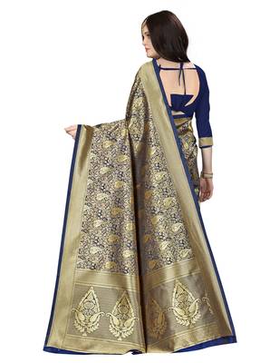 Navy blue woven banarasi silk saree with blouse 2