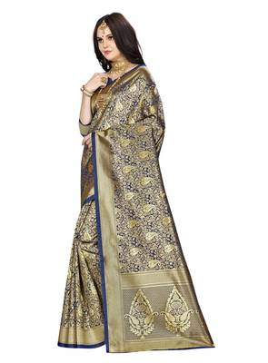 Navy blue woven banarasi silk saree with blouse 5
