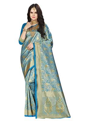 Blue woven banarasi silk saree with blouse 1