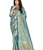 Blue woven banarasi silk saree with blouse