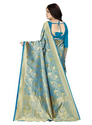 Blue woven banarasi silk saree with blouse 2