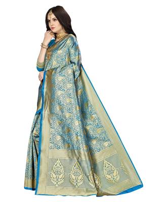 Blue woven banarasi silk saree with blouse 5