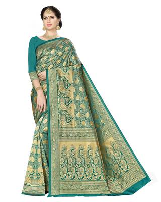 Green woven banarasi silk saree with blouse 1