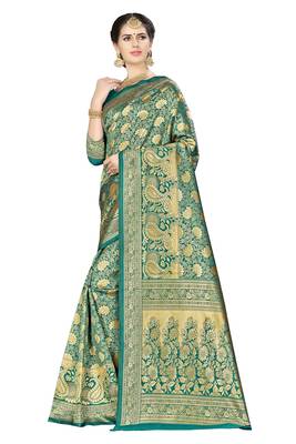 Green woven banarasi silk saree with blouse 5