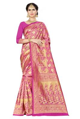Pink woven banarasi silk saree with blouse 1