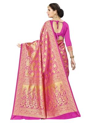 Pink woven banarasi silk saree with blouse 2