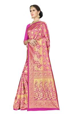 Pink woven banarasi silk saree with blouse 5