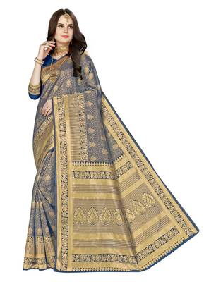 Navy blue woven banarasi silk saree with blouse 1
