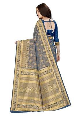 Navy blue woven banarasi silk saree with blouse 2