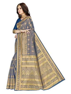 Navy blue woven banarasi silk saree with blouse 5