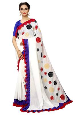 White embroidered art silk saree with blouse 1