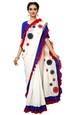 White embroidered art silk saree with blouse 2