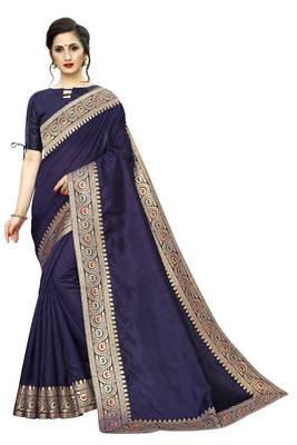 Navy blue plain art silk saree with blouse 1