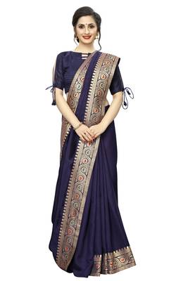 Navy blue plain art silk saree with blouse 2