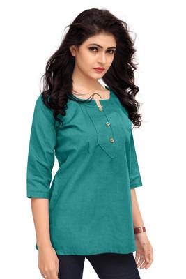 Sea Green Plain Cambric Stone Work Cotton Tops 2