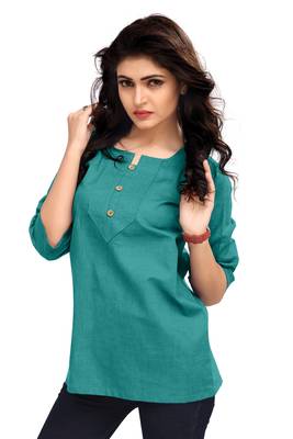Sea Green Plain Cambric Stone Work Cotton Tops 3