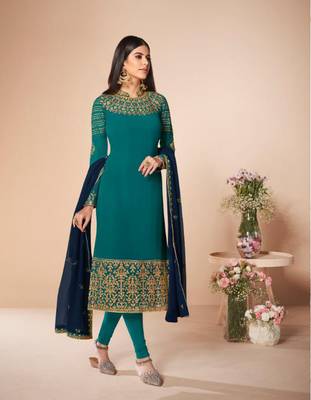 Royal-blue embroidered faux georgette salwar 1