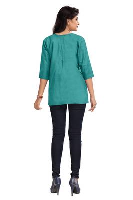 Sea Green Plain Cambric Stone Work Cotton Tops 4