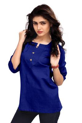 Navy Blue Plain Cambric Stone Work Cotton Tops 3