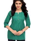 Sea Green Plain Cambric Stone Work Cotton Tops