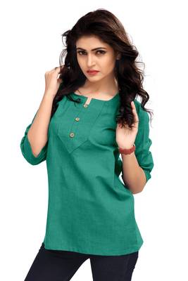 Sea Green Plain Cambric Stone Work Cotton Tops 3