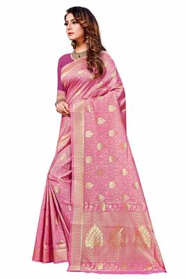 Light pink woven banarasi silk saree with blouse 4