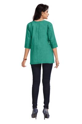 Sea Green Plain Cambric Stone Work Cotton Tops 4