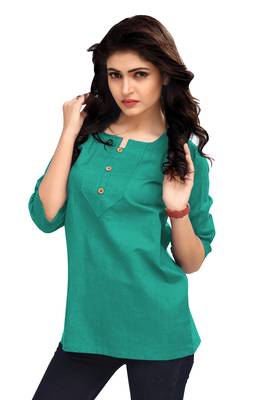Sea Green Plain Cambric Stone Work Cotton Tops 3