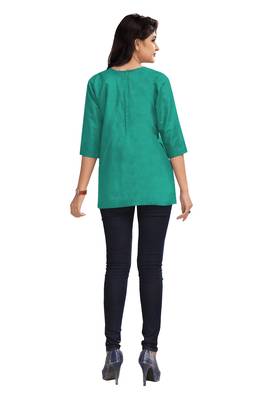 Sea Green Plain Cambric Stone Work Cotton Tops 4