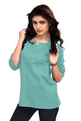 Teal Plain Cambric Stone Work Cotton Tops 2