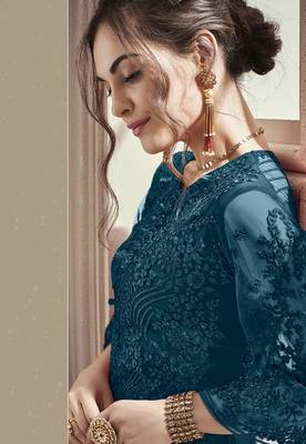 Turquoise embroidered net salwar 2