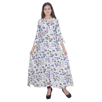 White Rayon Printed Jaipuri Long Kurti 1