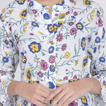 White Rayon Printed Jaipuri Long Kurti 4