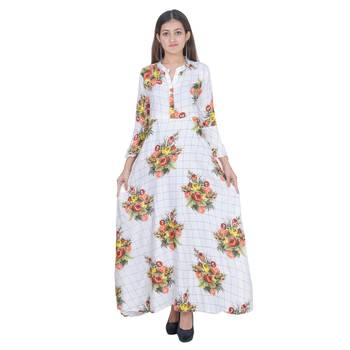 White Floral Rayon Jaipuri Long Kurti 1