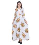 White Floral Rayon Jaipuri Long Kurti