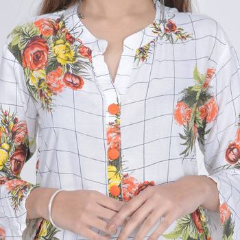 White Floral Rayon Jaipuri Long Kurti 4