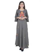 Grey Embroidery Rayon Jaipuri Long Kurti
