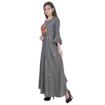 Grey Embroidery Rayon Jaipuri Long Kurti 3