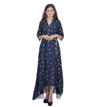 Blue Printed Rayon Jaipuri Kurti 1