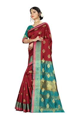 Women   s maroon Pure Banarasi silk Designer Saree with Wovan Design 2