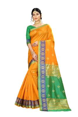 Women   s orange Pure Banarasi silk Designer Saree with Wovan Design 1
