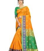 Women   s orange Pure Banarasi silk Designer Saree with Wovan Design