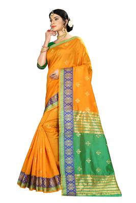 Women   s orange Pure Banarasi silk Designer Saree with Wovan Design 2
