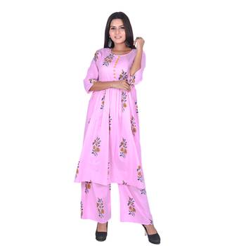 Pink Cotton Floral Printed Kurti-Palazzo Set 1