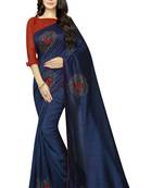 Navy Blue Embroidered Art Silk Saree With Blouse