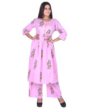 Pink Cotton Floral Printed Kurti-Palazzo Set 3