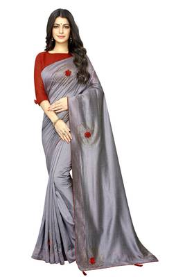 Grey embroidered art silk saree with blouse 1