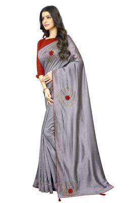 Grey embroidered art silk saree with blouse 2
