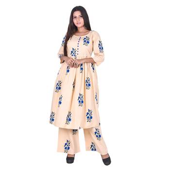 Peach Cotton Floral Printed Kurti-Palazzo Set 1