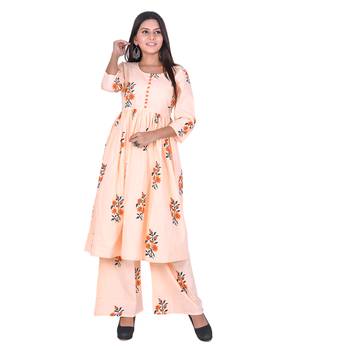 Orange Cotton Floral Printed Kurti-Palazzo Set 1